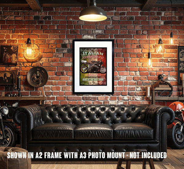 Classic Ducati 916 superbike art print hanging on a man cave wal